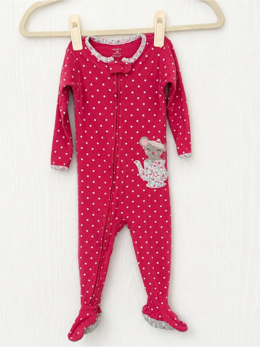 Carter’s Pink Polka Dot Footed Sleeper Pajamas 18M Mouse Teacup Zip One Piece